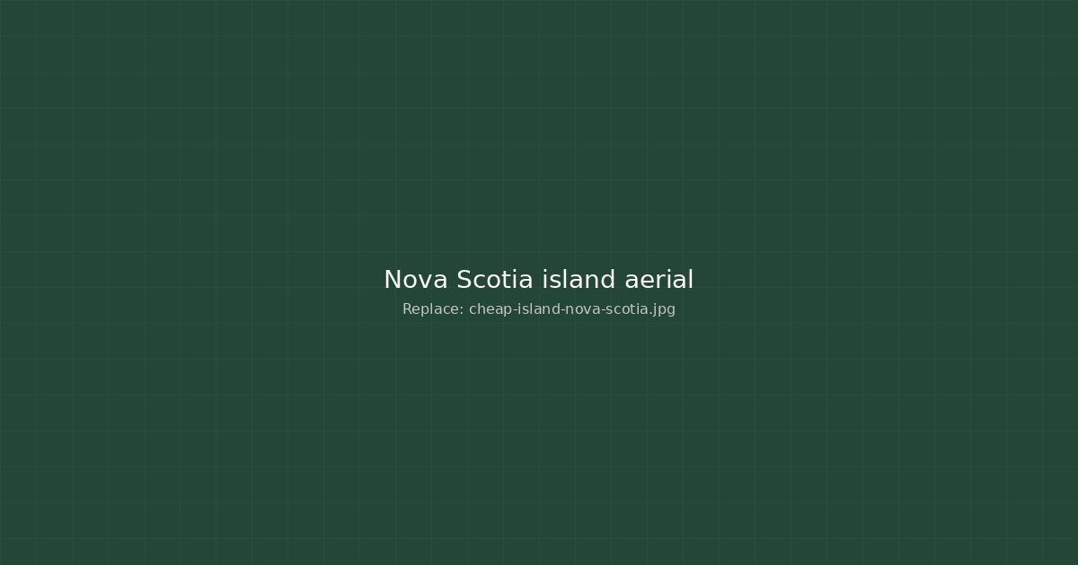 Aerial view of a small affordable island in Nova Scotia surrounded by calm water