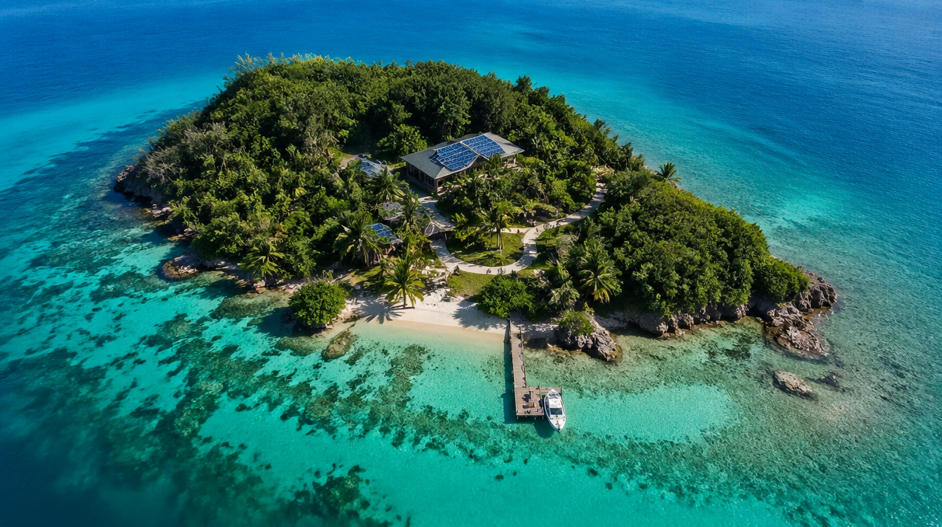 Aerial view of a developed private island with dock and residence