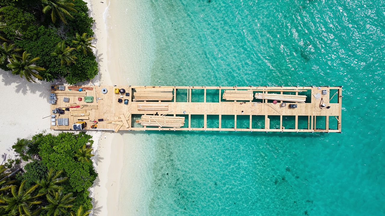 Aerial view of a dock under construction on a private island