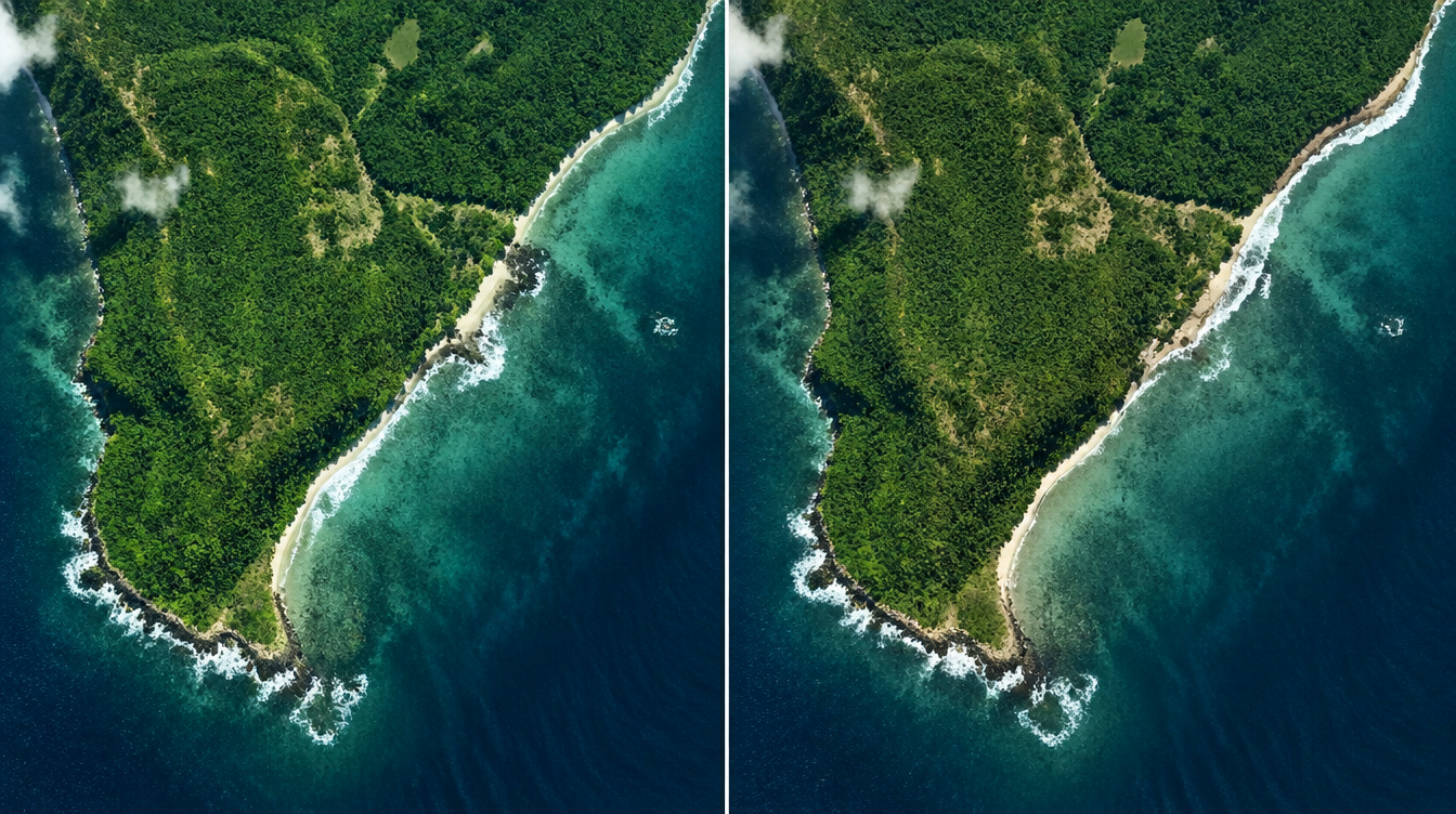 Satellite comparison of an island coastline in 2020 vs 2025 showing erosion